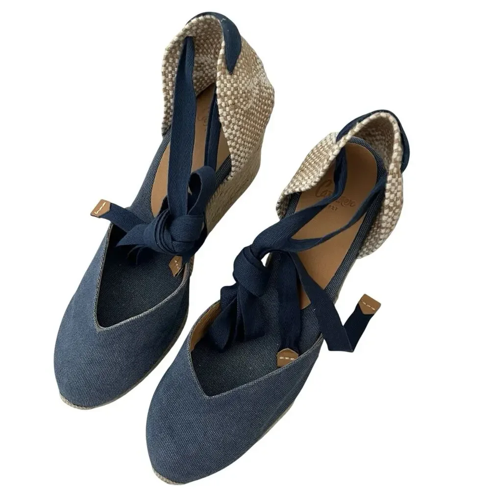Castaner Carina Wedge Espadrille Ankle Tie Sandal Blue Canvas Sz 9 Resort boho